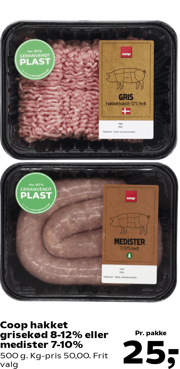 Coop hakket grisekød 8-12% eller medister 7-10%