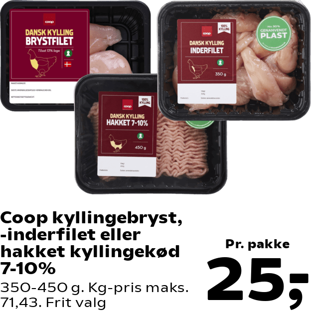 Coop kyllingebryst, -inderfilet eller hakket kyllingekød 7-10%