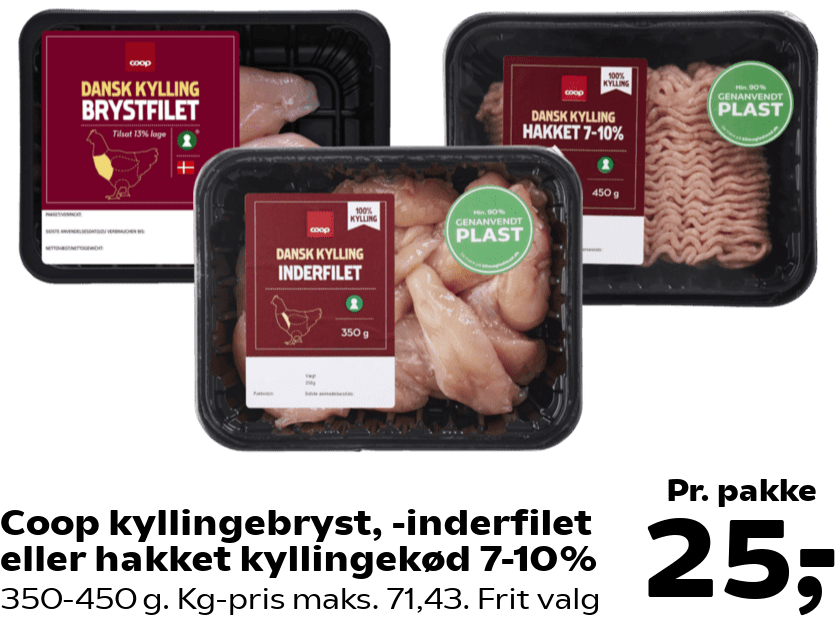 Coop kyllingebryst, -inderfilet eller hakket kyllingekød 7-10%