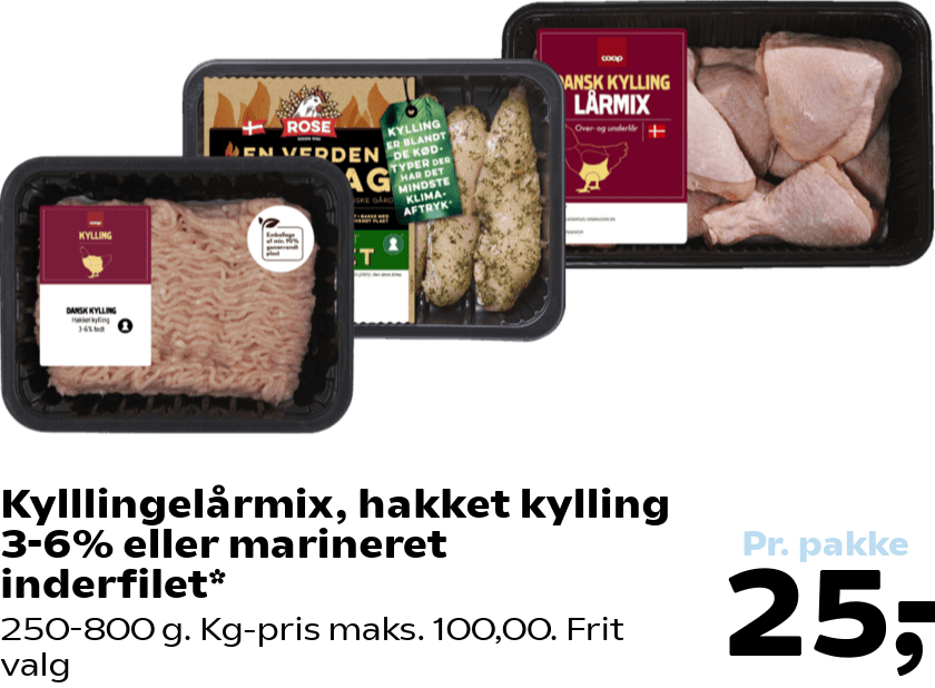 Kylllingelårmix, hakket kylling 3-6% eller marineret inderfilet