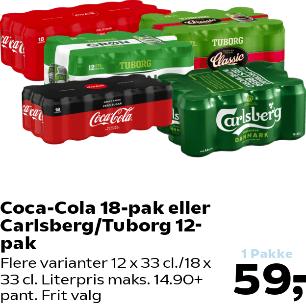 Coca-Cola 18-pak eller Carlsberg/Tuborg 12-pak