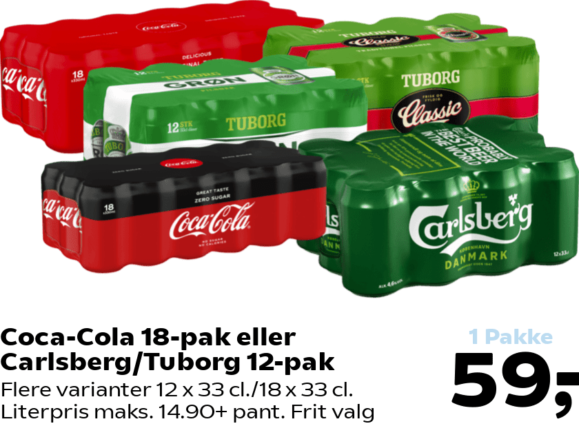 Coca-Cola 18-pak eller Carlsberg/Tuborg 12-pak