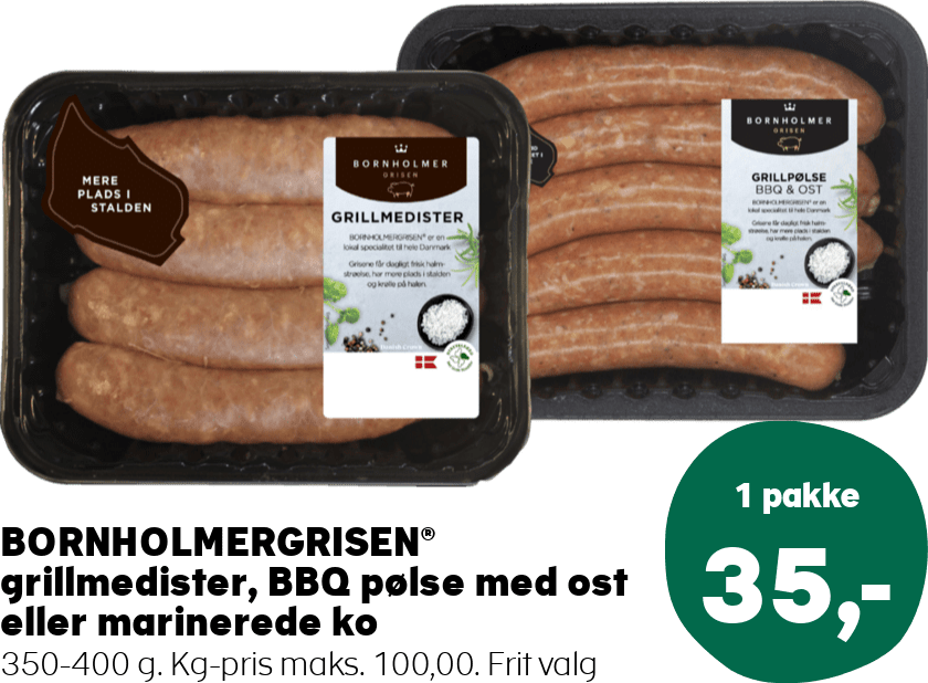 BORNHOLMERGRISEN® grillmedister, BBQ pølse med ost eller marinerede ko