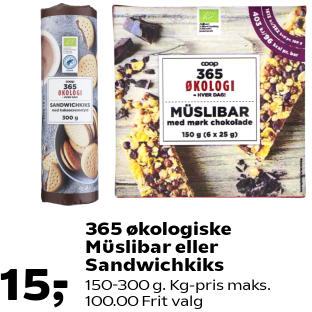 365 økologiske Müslibar eller Sandwichkiks