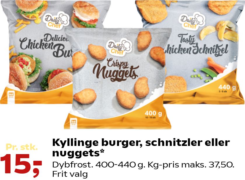 Kyllinge burger, schnitzler eller nuggets