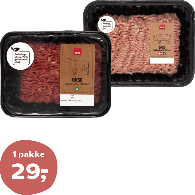 Coop hakket oksekød 7-10% eller hakket grisekød 4-7%