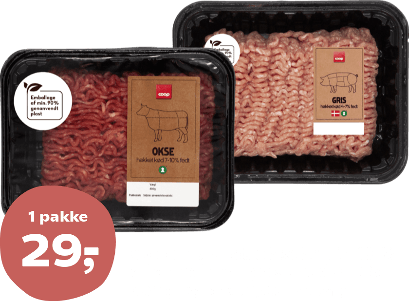 Coop hakket oksekød 7-10% eller hakket grisekød 4-7%
