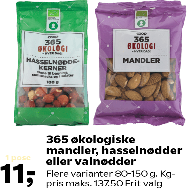 365 økologiske mandler, hasselnødder eller valnødder