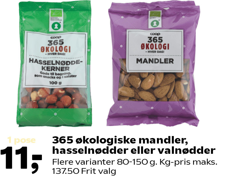 365 økologiske mandler, hasselnødder eller valnødder