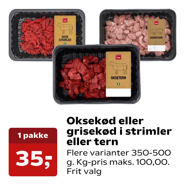 Oksekød eller grisekød i strimler eller tern