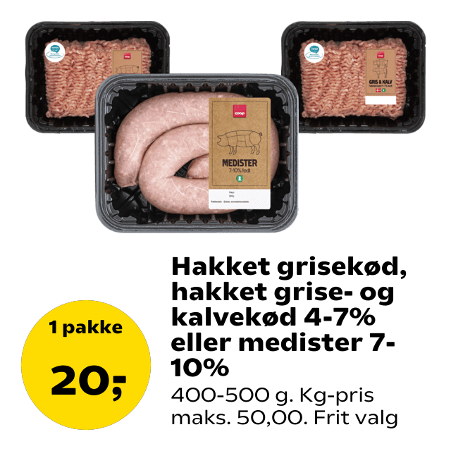 Hakket grisekød, hakket grise- og kalvekød 4-7% eller medister 7-10%