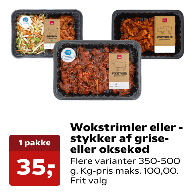 Wokstrimler eller -stykker af grise- eller oksekød