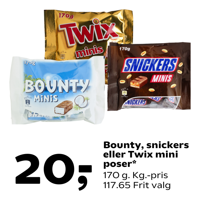 Bounty, snickers eller Twix mini poser
