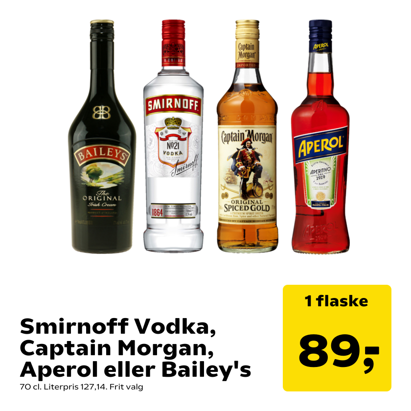 Smirnoff Vodka, Captain Morgan, Aperol eller Bailey's
