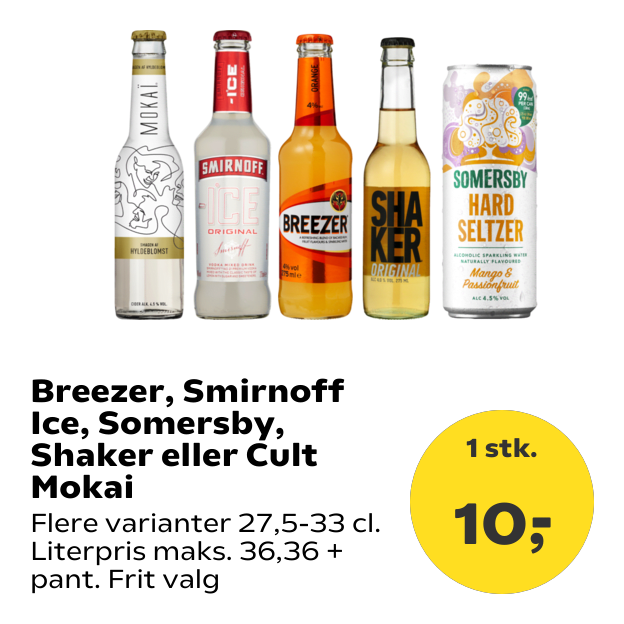 Breezer, Smirnoff Ice, Somersby, Shaker eller Cult Mokai