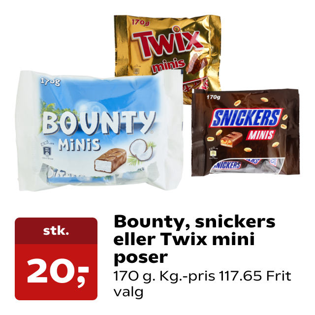 Bounty, snickers eller Twix mini poser
