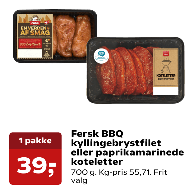 Fersk BBQ kyllingebrystfilet eller paprikamarinede koteletter