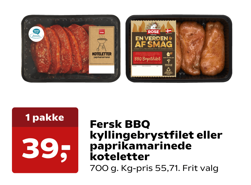 Fersk BBQ kyllingebrystfilet eller paprikamarinede koteletter