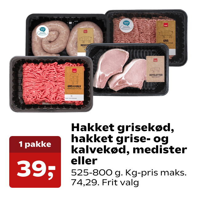 Hakket grisekød, hakket grise- og kalvekød, medister eller