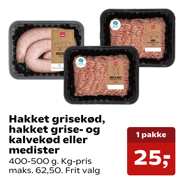 Hakket grisekød, hakket grise- og kalvekød eller medister