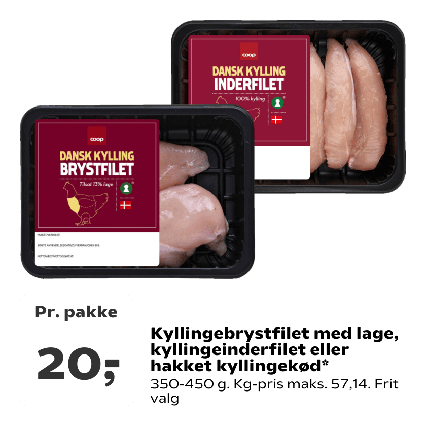 Kyllingebrystfilet med lage, kyllingeinderfilet eller hakket kyllingekød