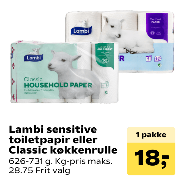 Lambi sensitive toiletpapir eller Classic køkkenrulle