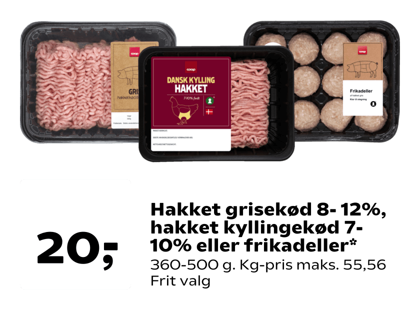 Hakket grisekød 8- 12%, hakket kyllingekød 7-10% eller frikadeller