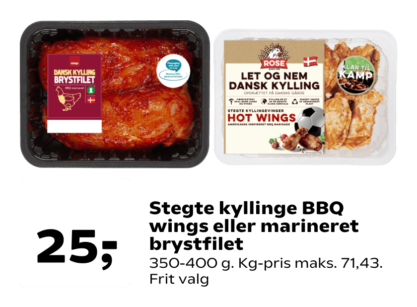 Stegte kyllinge BBQ wings eller marineret brystfilet