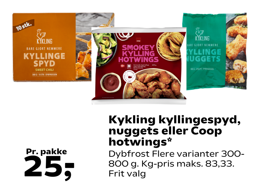 Kykling kyllingespyd, nuggets eller Coop hotwings