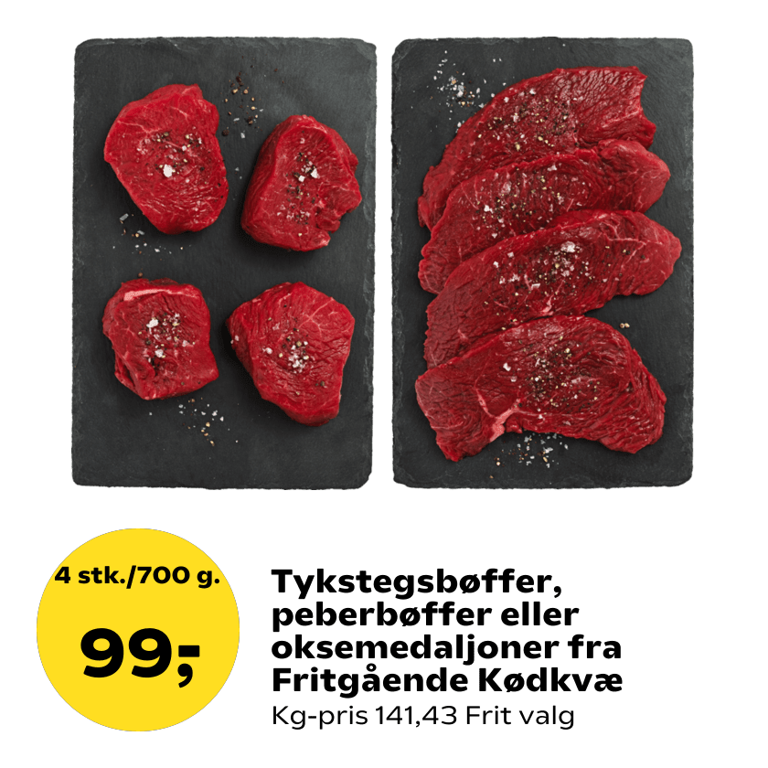 Tykstegsbøffer, peberbøffer eller oksemedaljoner fra Fritgående Kødkvæ
