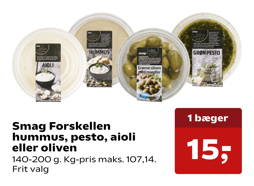 Smag Forskellen hummus, pesto, aioli eller oliven