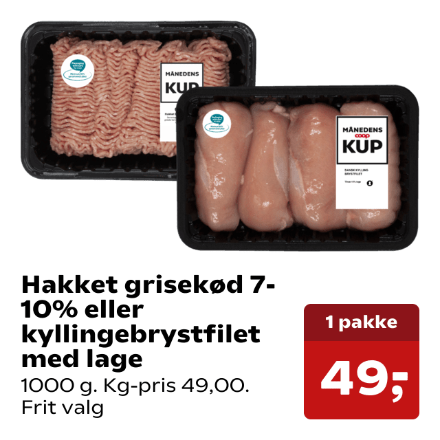 Hakket grisekød 7-10% eller kyllingebrystfilet med lage
