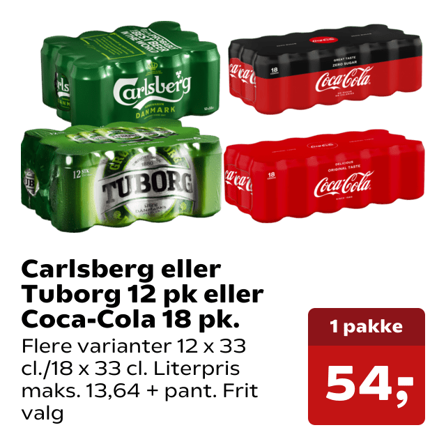 Carlsberg eller Tuborg 12 pk eller Coca-Cola 18 pk.