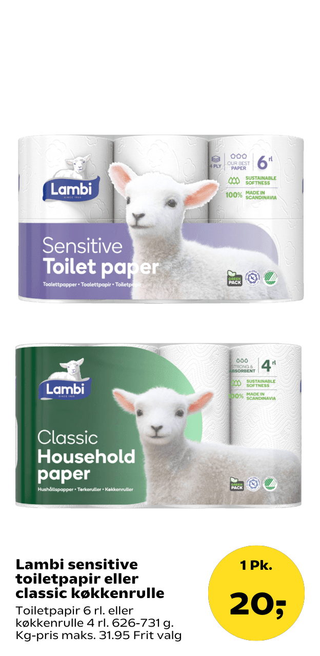Lambi sensitive toiletpapir eller classic køkkenrulle