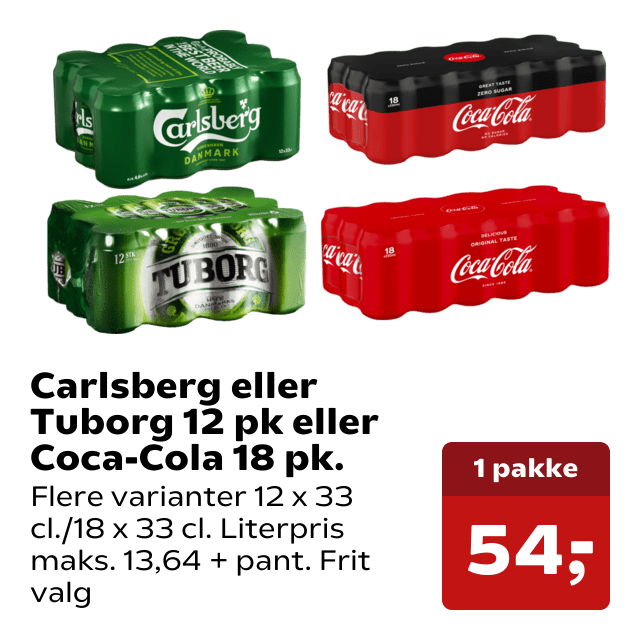 Carlsberg eller Tuborg 12 pk eller Coca-Cola 18 pk.