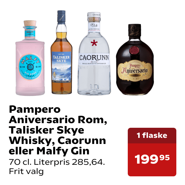 Pampero Aniversario Rom, Talisker Skye Whisky, Caorunn eller Malfy Gin