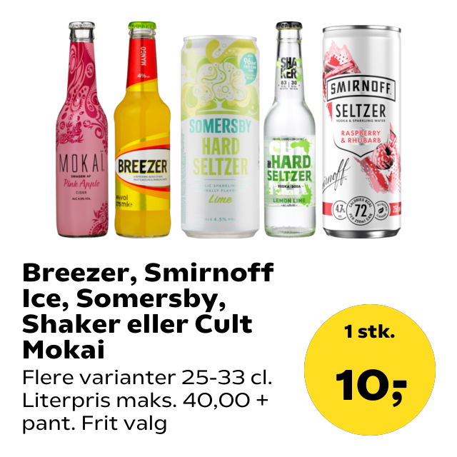 Breezer, Smirnoff Ice, Somersby, Shaker eller Cult Mokai