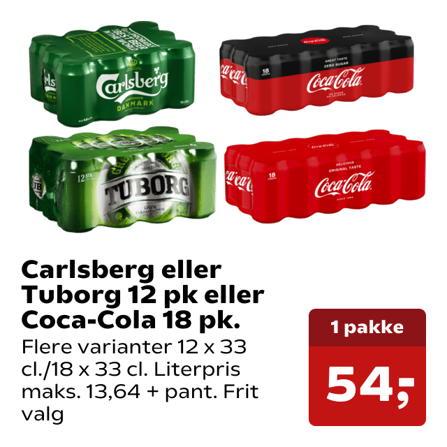 Carlsberg eller Tuborg 12 pk eller Coca-Cola 18 pk.