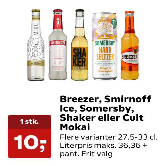 Breezer, Smirnoff Ice, Somersby, Shaker eller Cult Mokai