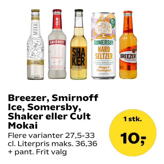 Breezer, Smirnoff Ice, Somersby, Shaker eller Cult Mokai