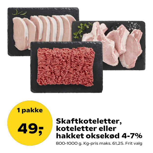 Skaftkoteletter, koteletter eller hakket oksekød 4-7%