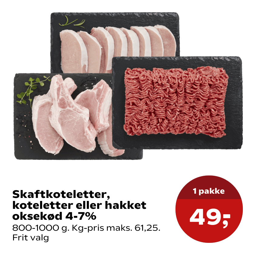 Skaftkoteletter, koteletter eller hakket oksekød 4-7%