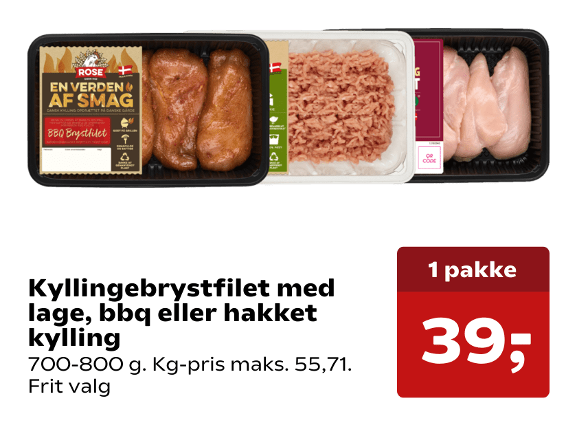 Kyllingebrystfilet med lage, bbq eller hakket kylling