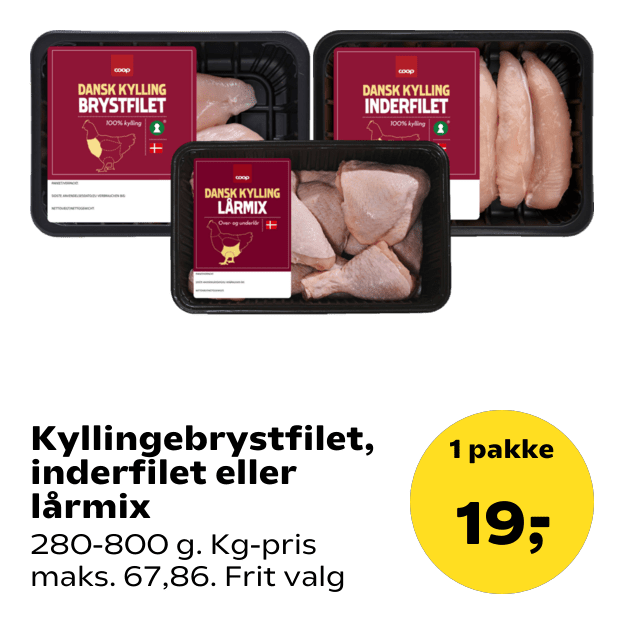 Kyllingebrystfilet, inderfilet eller lårmix
