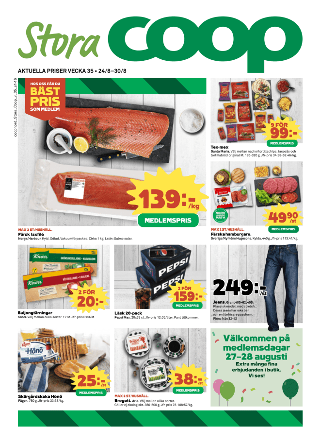 Illustration, Coops reklamblad, bäst pris som medlem. Billiga varor och veckans klipp.