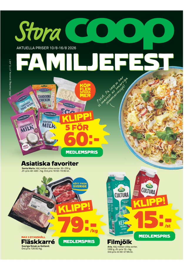 Illustration, Coops reklamblad, bäst pris som medlem. Billiga varor och veckans klipp.