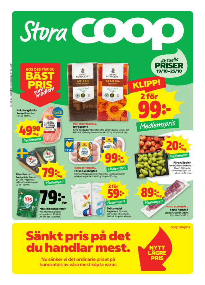 Illustration, Coops reklamblad, bäst pris som medlem. Billiga varor och veckans klipp.