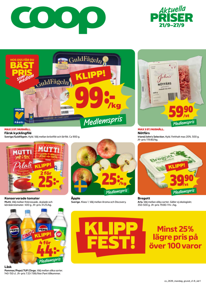 Illustration, Coops reklamblad, bäst pris som medlem. Billiga varor och veckans klipp.