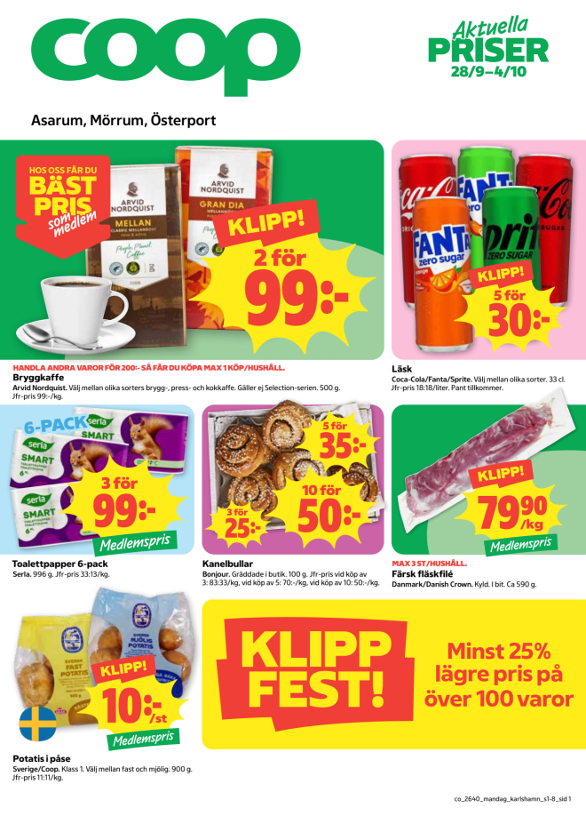 Illustration, Coops reklamblad, bäst pris som medlem. Billiga varor och veckans klipp.