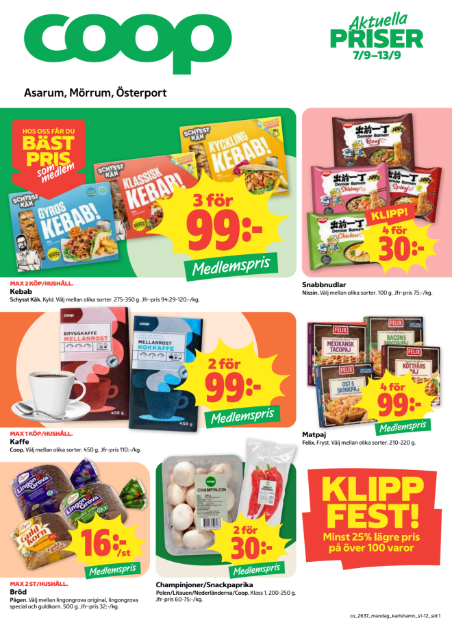 Illustration, Coops reklamblad, bäst pris som medlem. Billiga varor och veckans klipp.